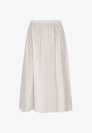 A knee-length, light-colored skirt featuring a textured geometric pattern, an elastic waistband, and flowing fabric.