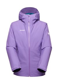 Chaqueta impermeable morada con cierre frontal, capucha ajustable y puños elásticos. Presenta un logo en el pecho y un forro interior en contraste.