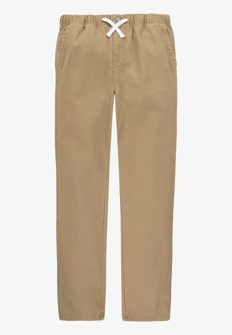 Pantalon décontracté beige avec taille élastique, cordon blanc, poches latérales et fermeture avant à bouton, posé à plat sur fond blanc.