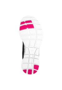 Black athletic shoe outsole featuring a white rubber base with pink traction accents, textured surface, and geometric tread pattern.