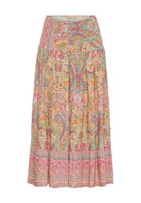 Blomsterpræget maxiskørt i pastelfarver som orange, pink og blå, med smock-talje og tiered flæse i kanten.