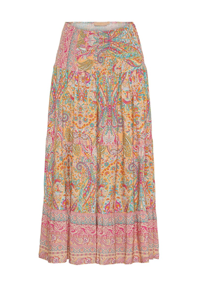 Blomsterpræget maxiskørt i pastelfarver som orange, pink og blå, med smock-talje og tiered flæse i kanten.