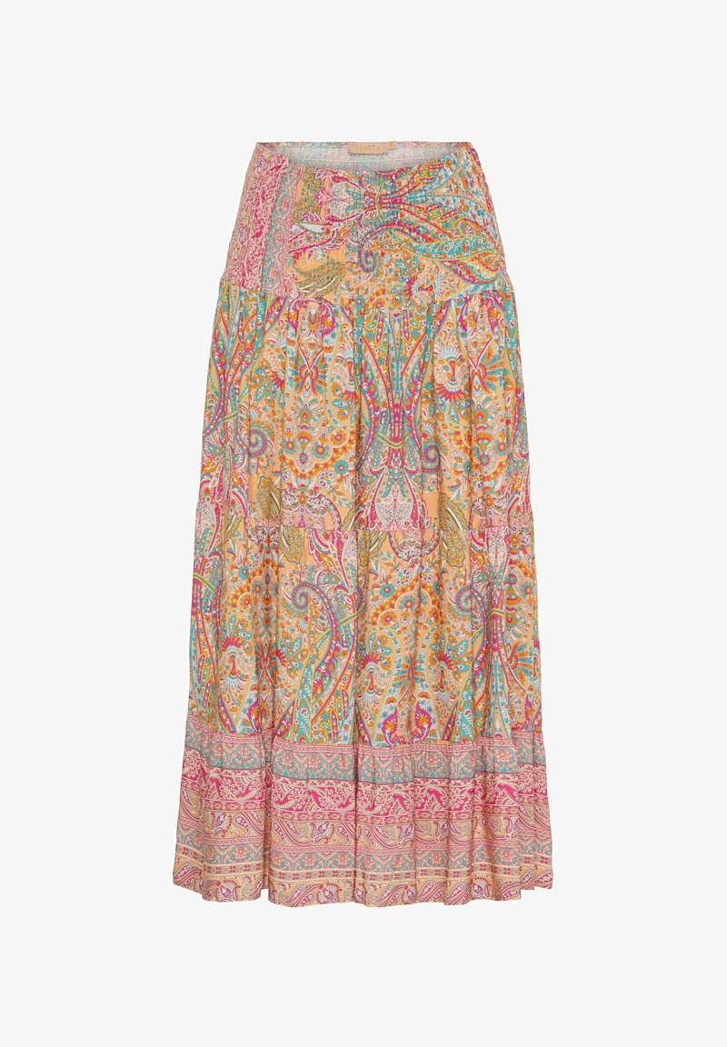 Blomsterpræget maxiskørt i pastelfarver som orange, pink og blå, med smock-talje og tiered flæse i kanten.