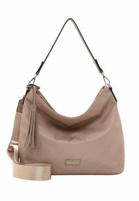 Sac à épaule beige en matériau synthétique texturé avec un motif matelassé. Dispose d'une bandoulière amovible et d'un accent de glands.