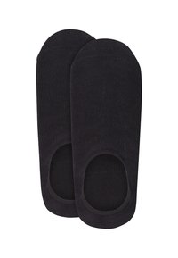 Schwarze Knöchelsocken mit glatter Textur, die ein niedriges Schnittdesign mit offenen Fersen- und Zehenbereichen für diskretes Tragen aufweisen.