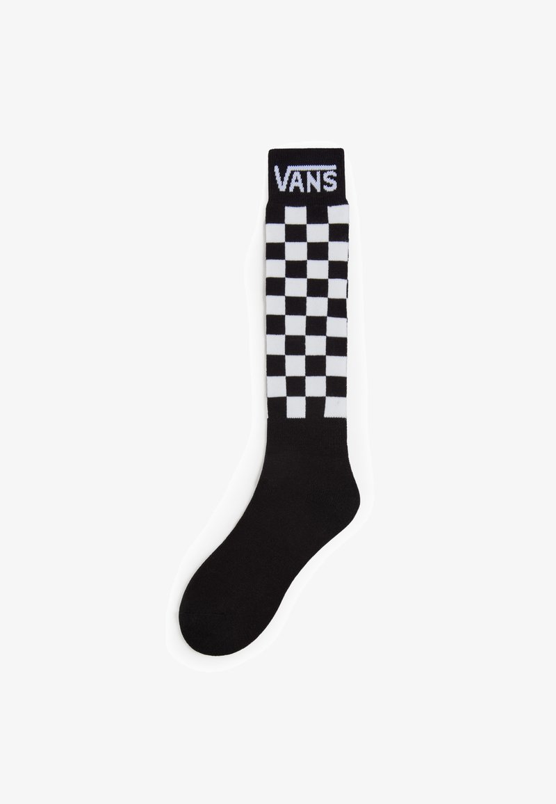 Svart och vit rutigt mönster på knästrumpa med solid svart fot och ribbad svart mudd som har "VANS"-logotypen i vitt högst upp.