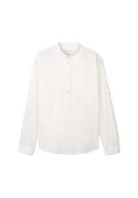 Weißes Langarmhemd aus leichtem Stoff, mit Stehkragen, Knopfleiste und geknöpften Ärmelbündchen.