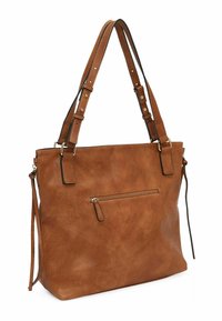 Braune Kunstleder-Tote-Tasche mit verstellbaren Trägern, Reißverschlusstasche, strukturierter Oberfläche und minimalem Hardware-Einsatz. Hat eine mittelgroße Größe.
