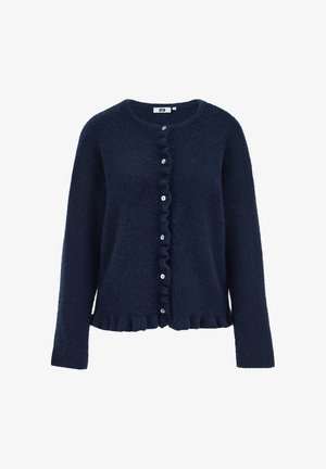 Tumesinine kardigan tekstureeritud kootud kangast, millel on ümar kaelus, pikad varrukad, nööpidega sulgemine ja volangidega serv.