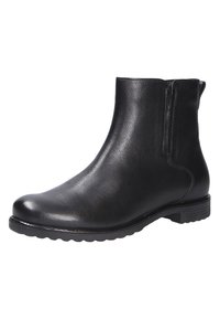 Stivale alla caviglia in pelle nera con un design elegante, punta rotonda, zip laterale, superficie testurizzata e suola in gomma bassa con battistrada.