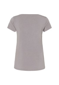 T-shirt gris à manches courtes en tissu doux, avec un col rond et une coupe droite, doté de détails de couture minimalistes.
