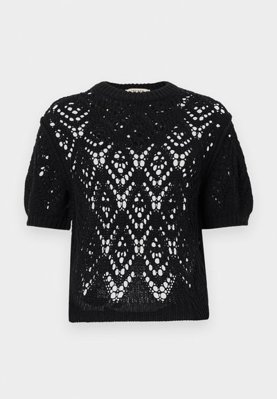 Top negru cu mâneci scurte, tricotat, cu un model complex de dantelă deschisă și guler rotund și manșete cu rebru.