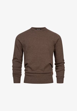 Bruine gebreide pullover trui, met ronde hals, ribgebreide manchetten en onderrand. Gemaakt van zachte wol, met een klein logopatch aan de onderzijde.