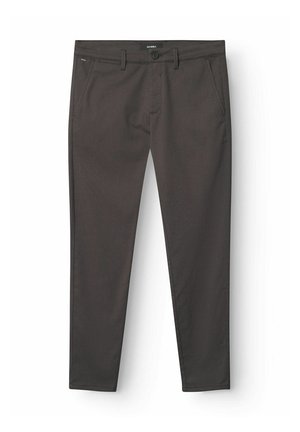Donkergrijze chino's gemaakt van soepel materiaal, met een knoopsluiting, riemlussen en twee voorzakken. Slimme, taps toelopende pasvorm met strakke lijnen.