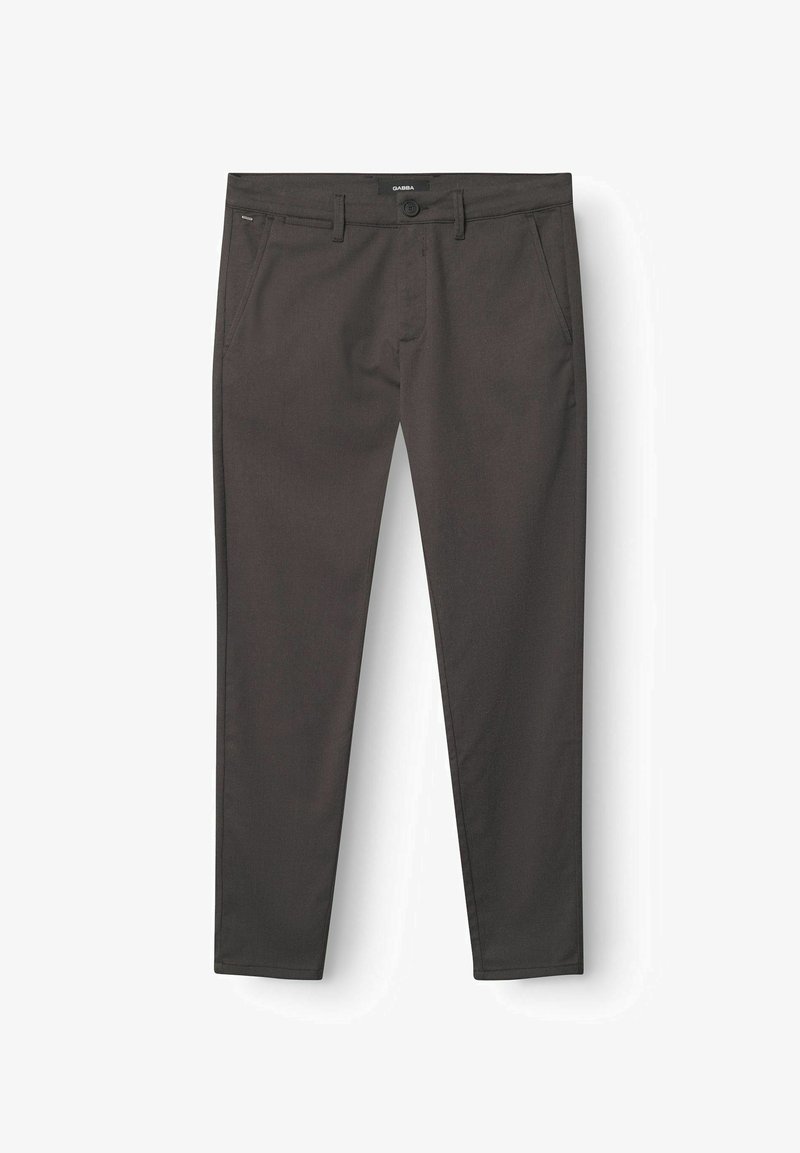 Chino gris foncé en tissu lisse, avec une fermeture à bouton, des passants de ceinture et deux poches avant. Coupe slim et fuselée avec des lignes épurées.