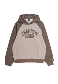Felpa con cappuccio marrone e grigia con tasca a marsupio frontale. Presenta una grande stampa "CHAMPION PHYS ED." Realizzata in morbido materiale testurizzato.