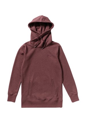 Sweat à capuche bordeaux avec une grande poche avant, un cordon de serrage et des poignets côtelés. Tissu doux avec un logo brodé discret sur la poitrine.