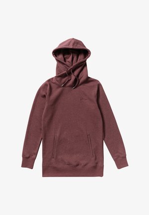 Sweat à capuche bordeaux avec une grande poche avant, un cordon de serrage et des poignets côtelés. Tissu doux avec un logo brodé discret sur la poitrine.