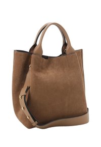 Brown suede tote bag with a structured design, dual top handles, and a detachable shoulder strap. Features gold-tone hardware accents.