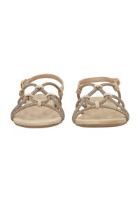Beige sandalen met meerdere gekruiste banden, versierd met kleine rhinestones. Gladde textuur, platte zool en verstelbare enkelriem.