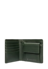 Portafoglio in pelle verde con molteplici slot per carte, una tasca con chiusura a scatto e dettagli cuciti per una maggiore durata. Design interno visibile.