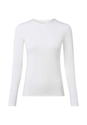 Long-sleeve white top made from a smooth, stretch fabric, featuring a crew neckline and a fitted silhouette with no visible hardware.