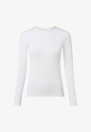 Langärmliges weißes Oberteil aus einem glatten, dehnbaren Stoff, mit Rundhalsausschnitt und taillierter Silhouette ohne sichtbare Hardware.