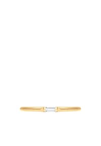 Goldring mit schmalem Band und mittig platziertem rechteckigen Stein. Das Band hat eine glatte Oberfläche und ein minimalistisches Design.