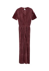 Burgundský zamatový overal s krátkymi rukávmi, elastickým pásom, výstrihom do V, otvorom na chrbte a rozptýlenými striebornými bodkami po celom povrchu.