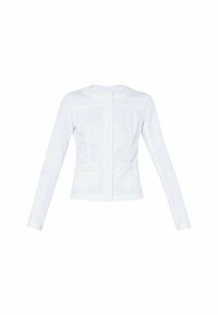 Bílá bunda s dlouhým rukávem a kulatým výstřihem, s texturovanými detaily, dvěma předními kapsami a rovnými lemy. Zadní strana má centrální zip.