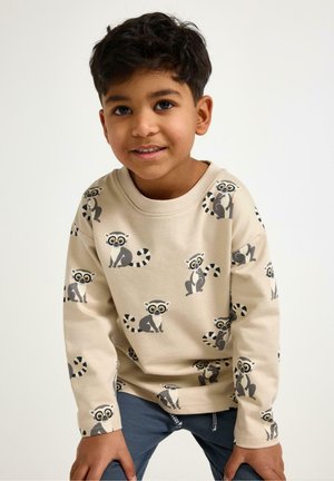 Ung dreng smiler, iført en beige sweatshirt med et gentagende lemurmønster og mørkeblå bukser, foran en ensfarvet lys baggrund.