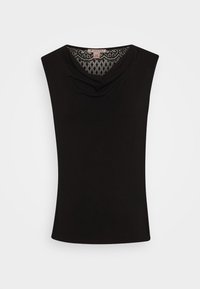 Černý bezrukávový top s výstřihem ve stylu cowl, hladkým povrchem a krajkovým detailem na zadní straně. Slim fit design s kulatým lemem.