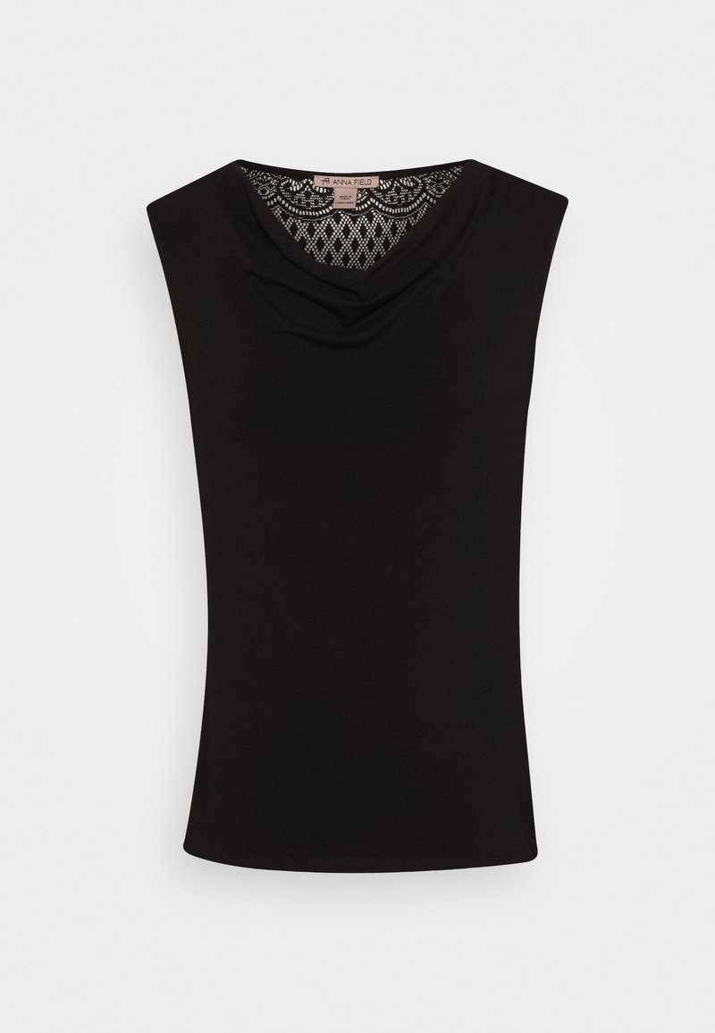 Černý bezrukávový top s výstřihem ve stylu cowl, hladkým povrchem a krajkovým detailem na zadní straně. Slim fit design s kulatým lemem.