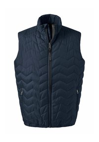 Marineblauwe gequiltte vest met hoge kraag, schuin chevronpatroon, rits aan de voorkant en twee zijzakken met metalen accenten.
