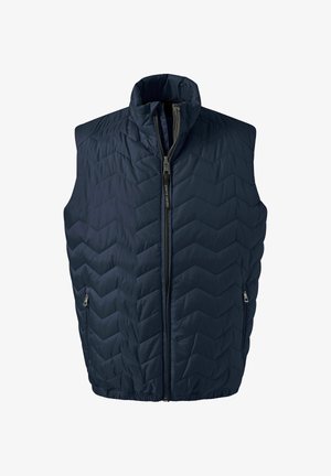 Marineblauer gesteppter Weste mit hohem Kragen, schrägem Chevron-Muster, frontalem Reißverschluss und zwei seitlichen Taschen mit metallischen Akzenten.