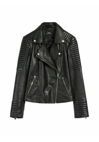 Czarna skórzana kurtka motocyklowa z żebrowanymi akcentami na ramionach, srebrnym okuciem, zamykanymi kieszeniami z przodu oraz kołnierzem z wcięciem.