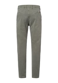 Groene katoenen broek met een rechte snit, voorzien van twee achterzakken en een zachte textuur, afgewerkt met riemlussen en een knoopsluiting.