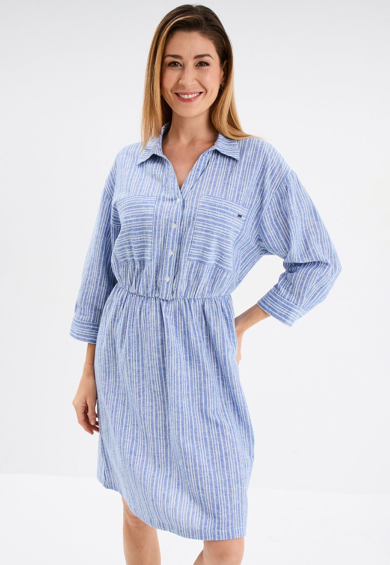Blau gestreiftes Hemdkleid mit Knopfleiste, einer Brusttasche und elastischem Bund. Hergestellt aus leichtem Stoff mit lockerer Passform.
