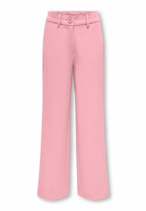 Pantaloni roz cu croială dreaptă, talie înaltă, închidere cu nasturi, bucle pentru curea și fermoar frontal ascuns.