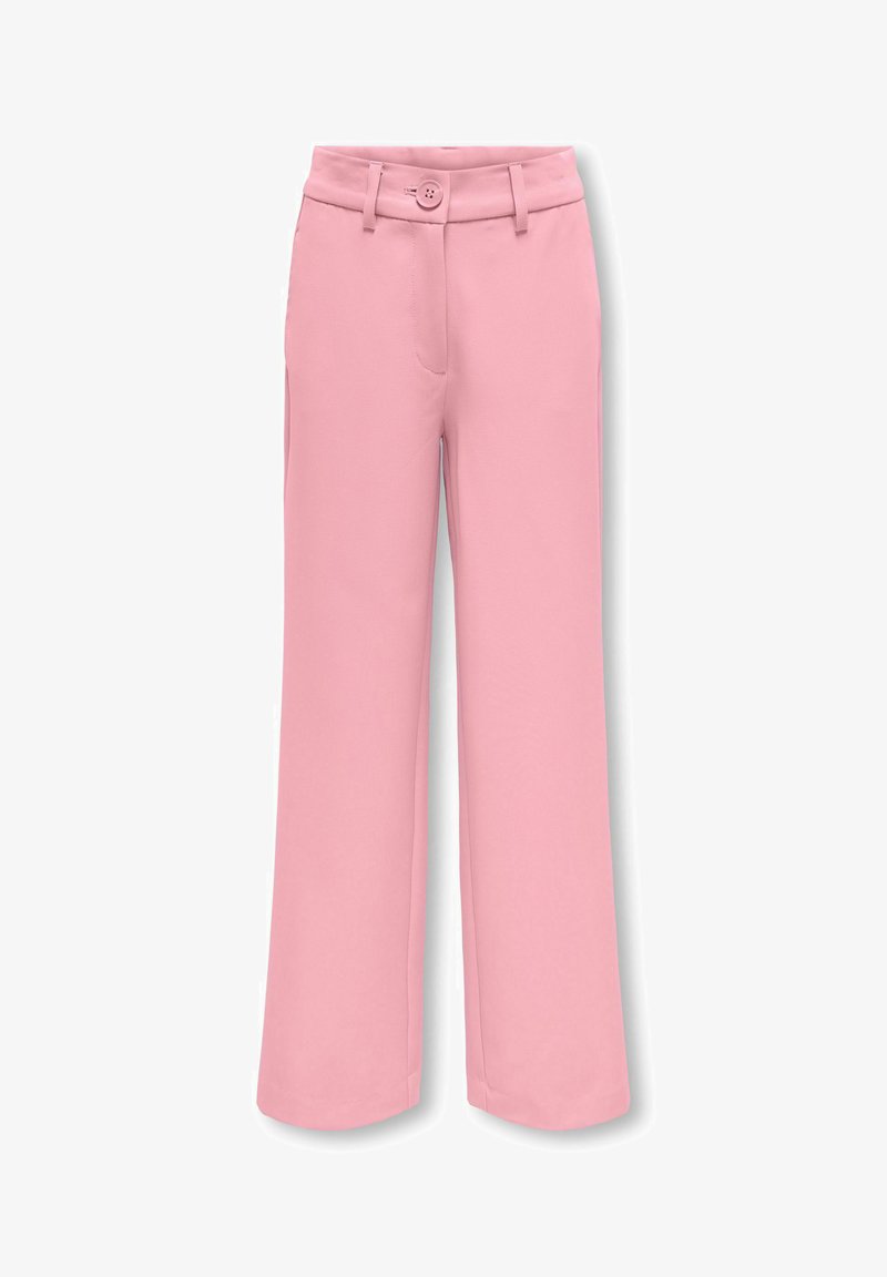 Ružové nohavice s priamym strihom, s vysokým pásom, zapínaním na gombík, pútkami na opasok a skrytým predným zipsom.