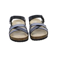 Sandales ouvertes pour femmes avec brides croisées noires et gris foncé, boucles à la cheville, semelles en liège et semelles noires, vues de face.