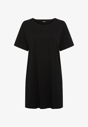 Schwarzes kurzärmliges Freizeitkleid mit rundem Ausschnitt, lockerer Passform und kleinem gesticktem Logo auf der Brust.