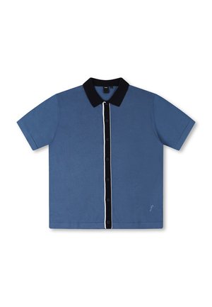 Short-sleeved polo shirt in blue with black collar and white button placket. Features a small logo on the lower front left. Smooth texture.