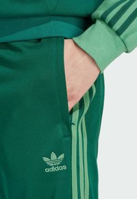 Zaļš džemperis ar garām piedurknēm, ribotiem pūksteņiem un adidas logotipu. Iekļauj zaļas svītras gar rokām un strukturēta auduma detaļas.