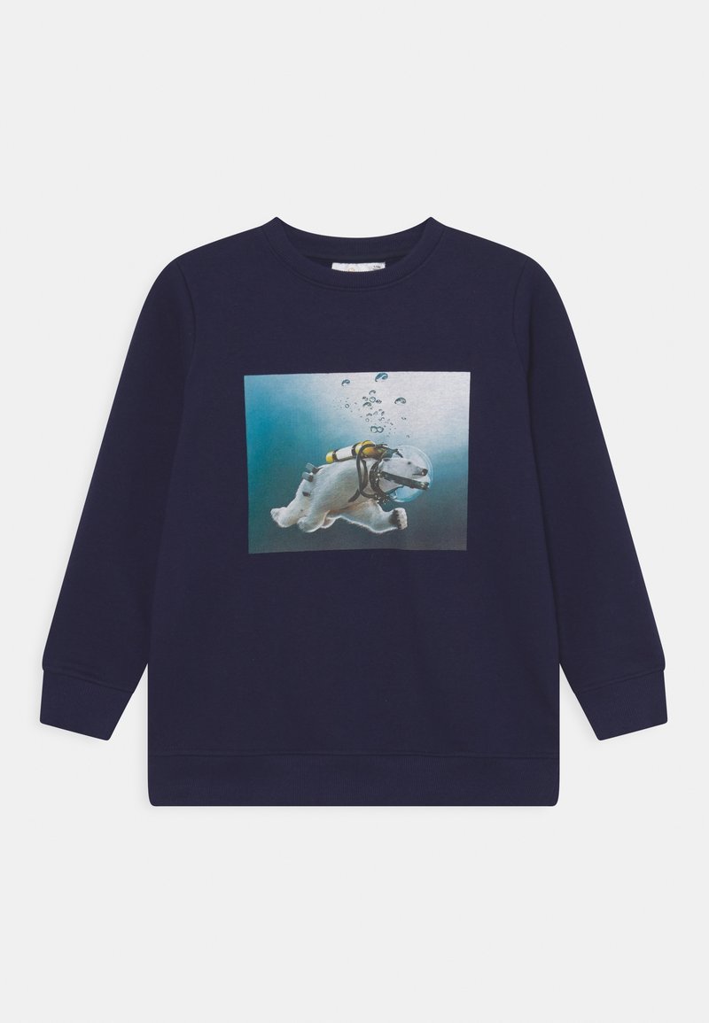 Marineblaues Sweatshirt mit einer Grafik eines Hundes, der einen Taucherhelm unter Wasser trägt, umgeben von Blasen. Mit langen Ärmeln und gerippten Bündchen.