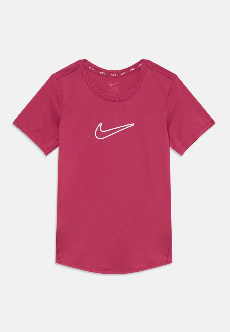T-shirt à manches courtes et col rond en tissu rose vif. Présente un logo Nike en biais blanc à l'avant. Texture lisse, coupe athlétique.