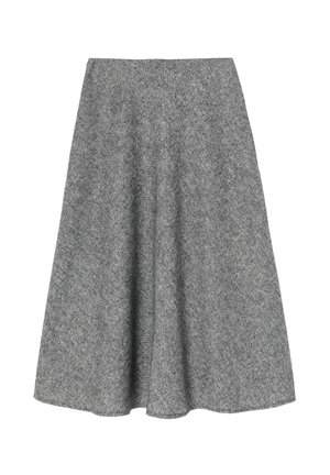A grey, knee-length skirt made of textured fabric with a flared shape and a wide waistband, featuring a subtle herringbone pattern.