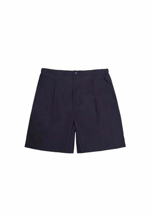 Pantaloni corti blu navy realizzati in tessuto leggero, con una parte frontale plissè, vita standard e chiusura con un solo bottone.
