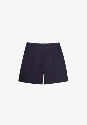 Pantaloni corti blu navy realizzati in tessuto leggero, con una parte frontale plissè, vita standard e chiusura con un solo bottone.