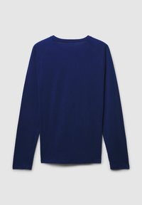 Maglietta a maniche lunghe di un unico blu scuro, con scollo a girocollo e texture a coste. Nessun motivo o accentuazione visibili. Vista posteriore semplice.